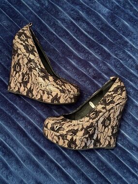 Nude and Black Lace Platform Wedge Heels for Women